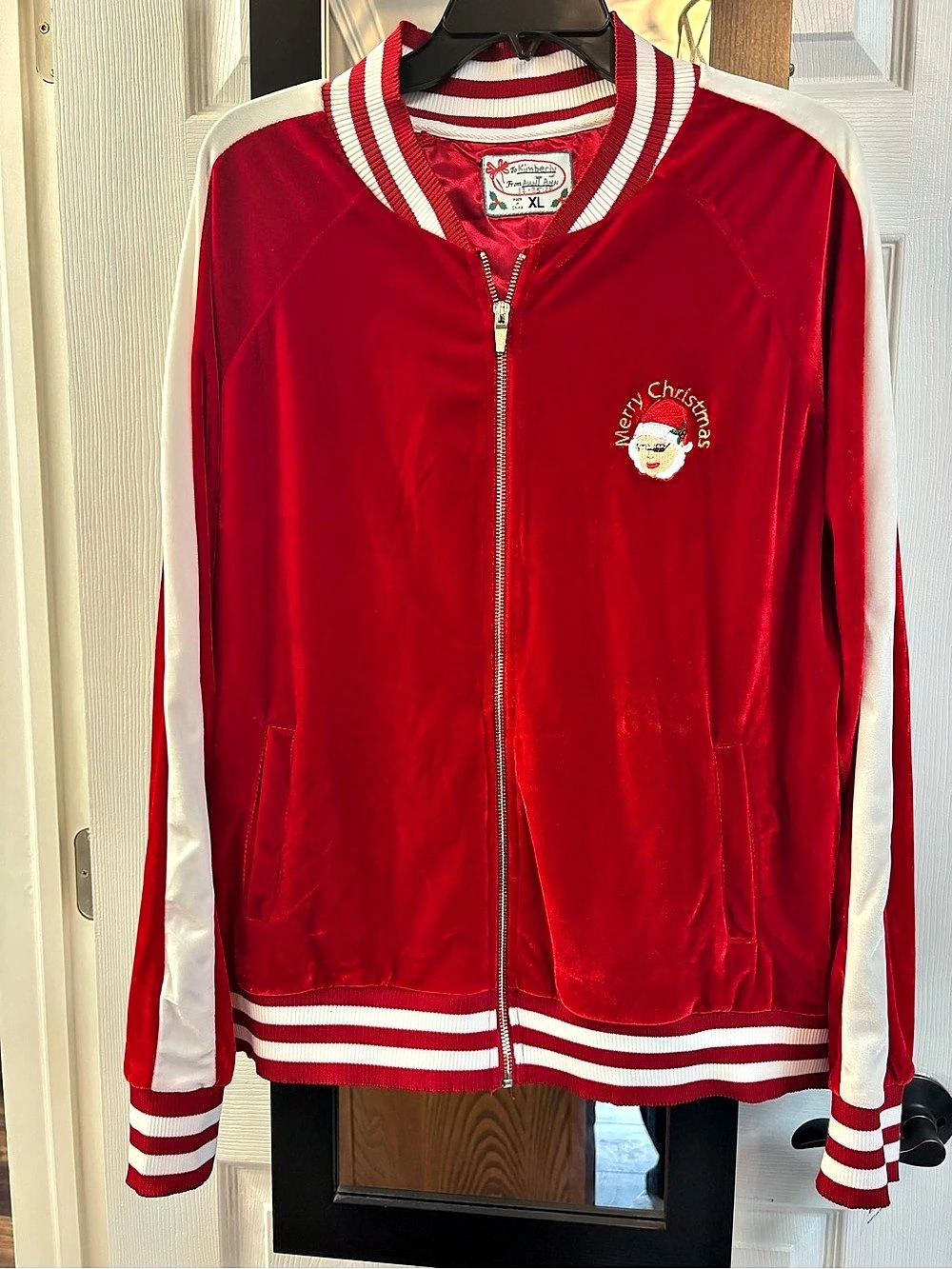 Mrs Santa Claus Christmas Varsity Velour Jacket Red White XL NWT